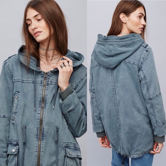 Free People Oversized Solid Knit Mixed Cargo Jacket Steel Blue Gray Rare HTF Y2K - Picture 2 of 14